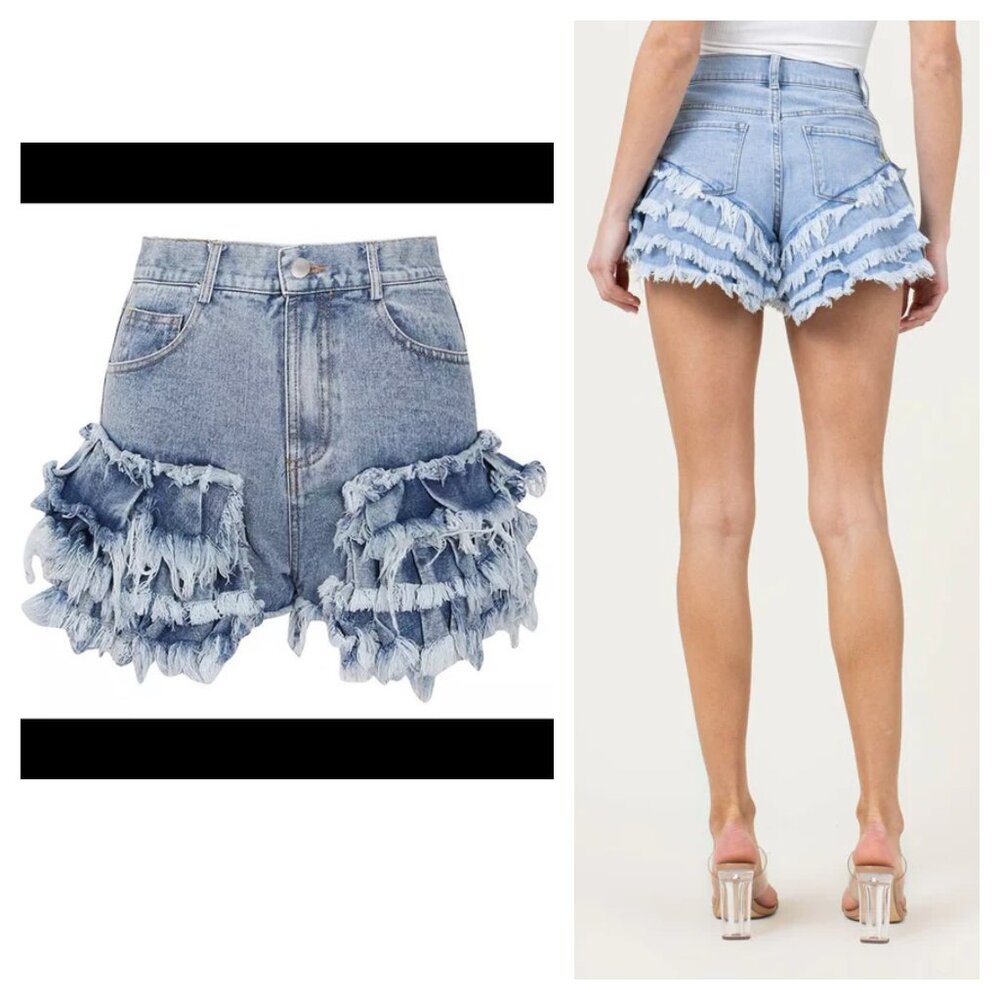 alex vinash tiered ruffle frayed denim jean western festival dress short cut off